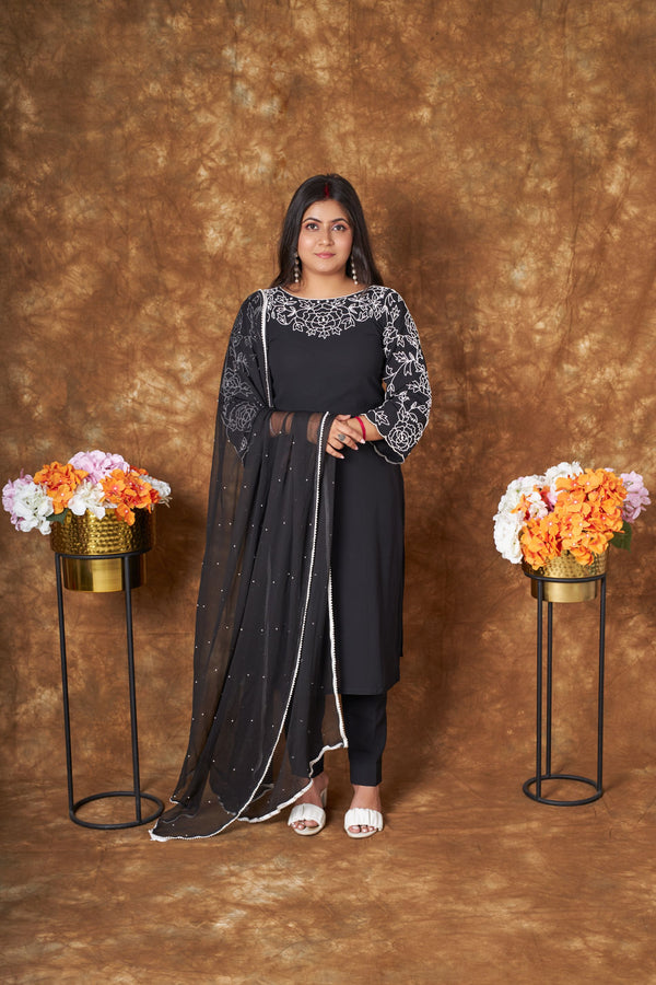 Soft Rose Pearl Embroidered Black Suit Set libaas-e-lucknow