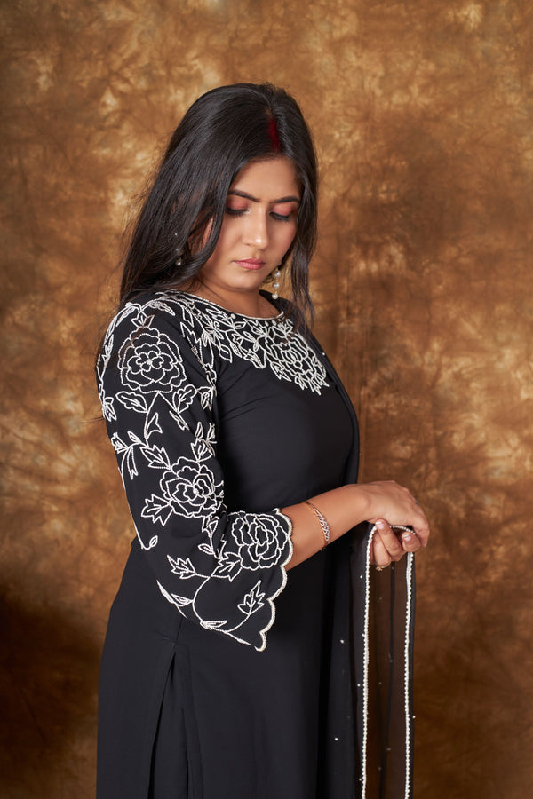 Soft Rose Pearl Embroidered Black Suit Set libaas-e-lucknow