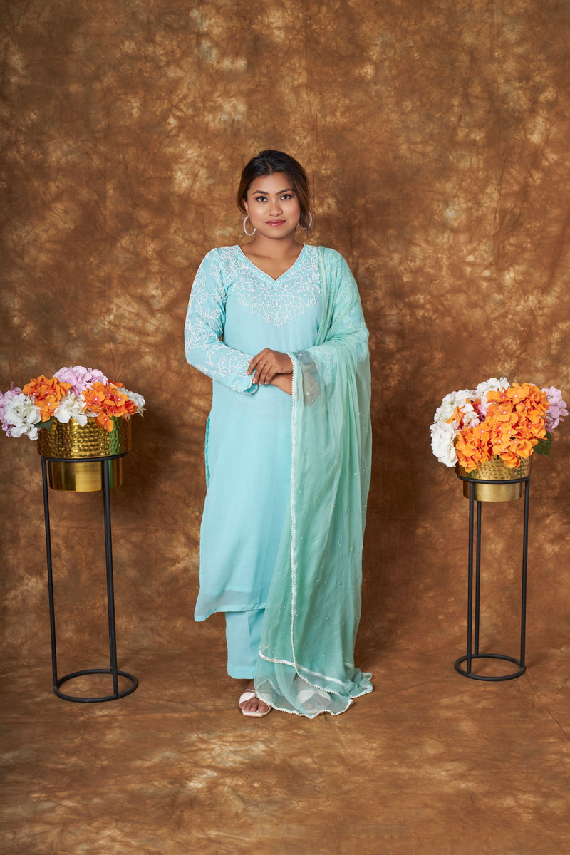 Soft Rose Pearl Embroidered Turquoise Blue Suit Set libaas-e-lucknow