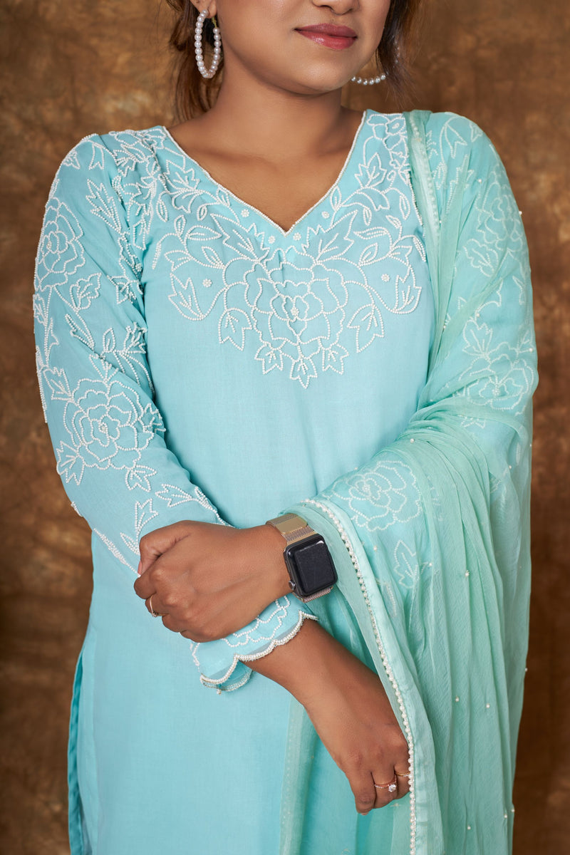 Soft Rose Pearl Embroidered Turquoise Blue Suit Set libaas-e-lucknow