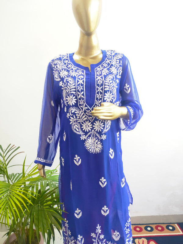 ADYA CHIKANKARI GEORGETTE BLUE KURTI Libaas e Lucknow