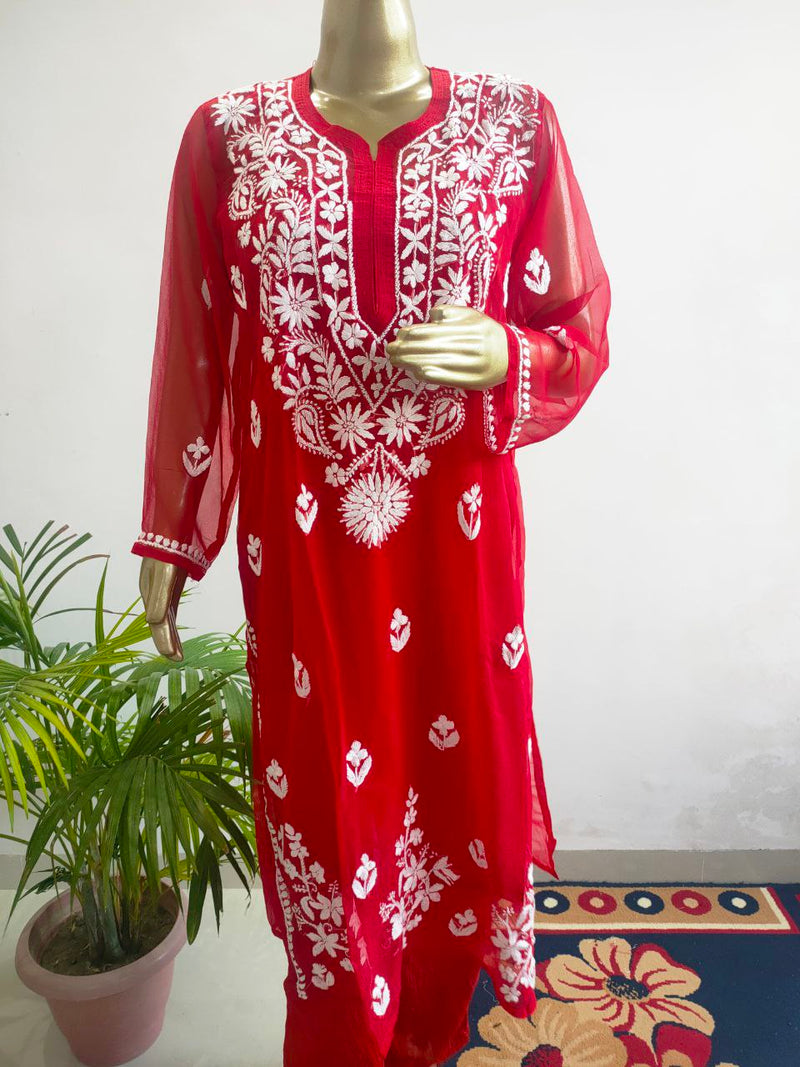 ADYA CHIKANKARI GEORGETTE RED KURTI Libaas e Lucknow