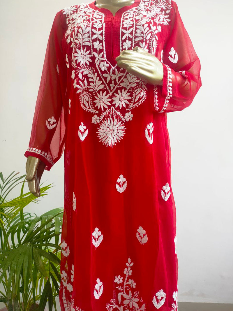 ADYA CHIKANKARI GEORGETTE RED KURTI Libaas e Lucknow