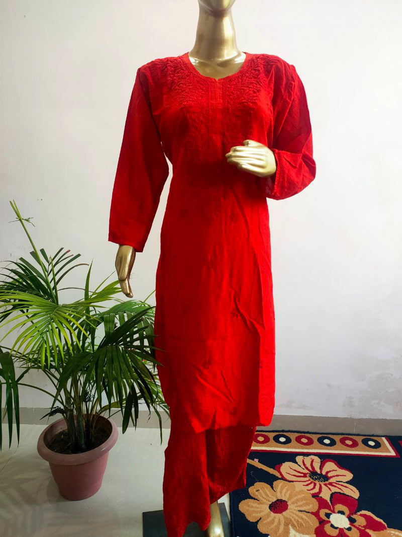 Samina Red Chanderi Chikankari Kurta Set Libaas e Lucknow