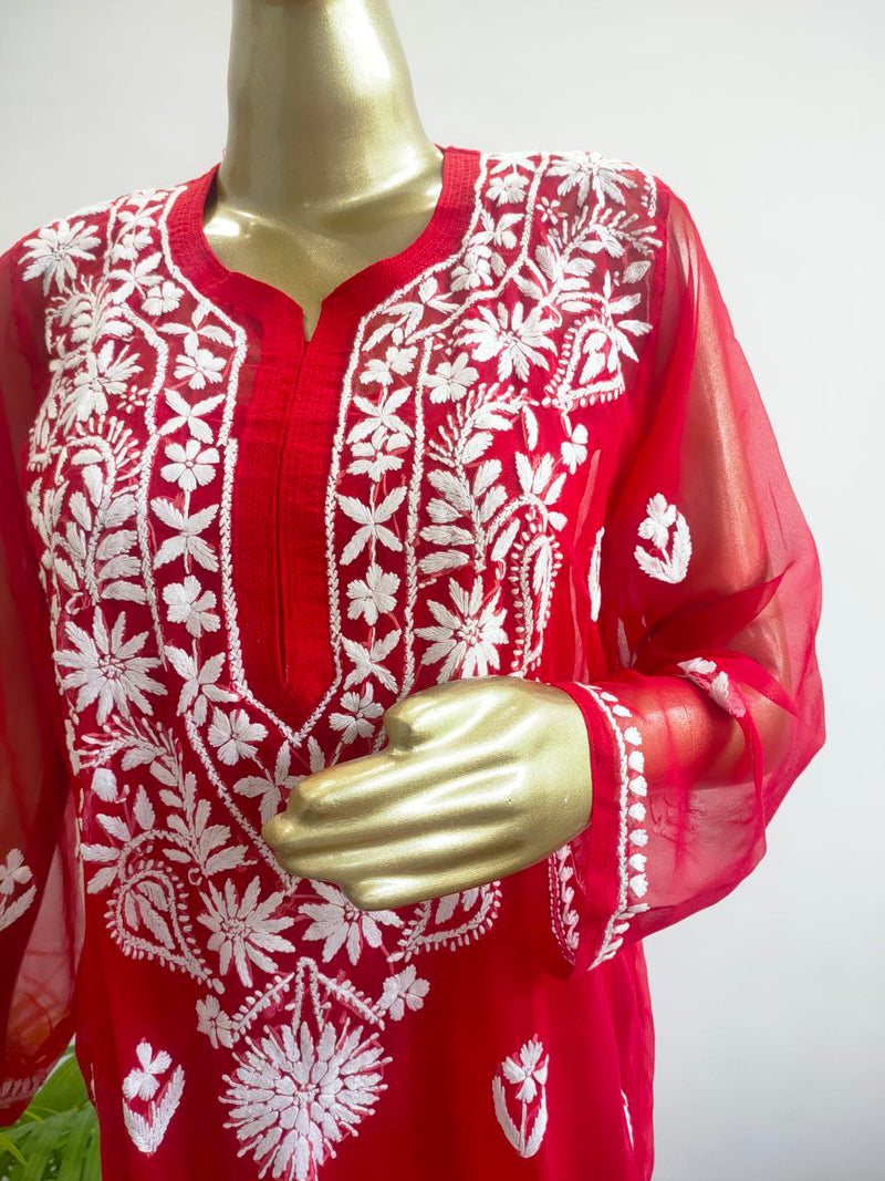 ADYA CHIKANKARI GEORGETTE RED KURTI Libaas e Lucknow