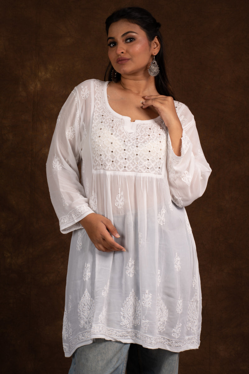 Alizeh White Chikankari with Mukesh work top Libaas e Lucknow