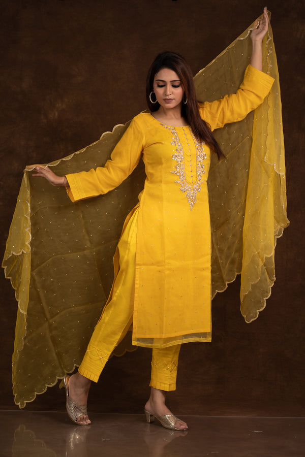 Indrani Yellow Embellished Suit Set Libaas e Lucknow