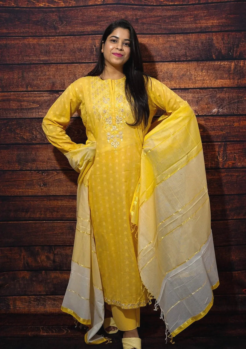 Saahiba Yellow Embroidered Suit Set Libaas e Lucknow