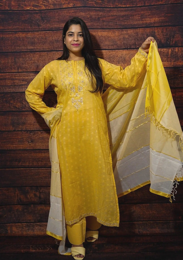 Saahiba Yellow Embroidered Suit Set Libaas e Lucknow