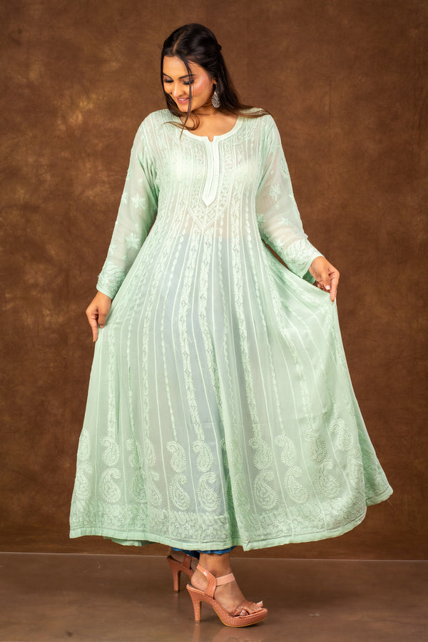 Riwaayat Pista Green Chikankari Anarkali Kurta Libaas e Lucknow