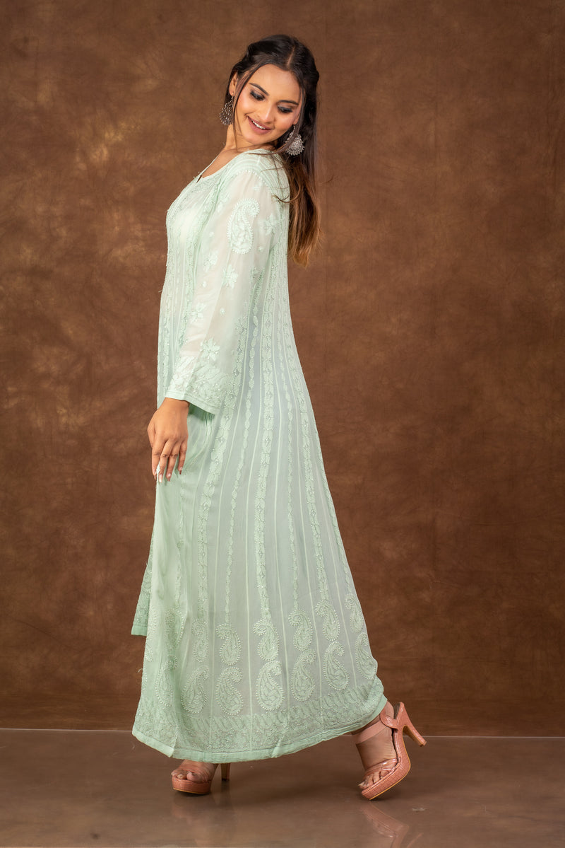 Riwaayat Pista Green Chikankari Anarkali Kurta Libaas e Lucknow