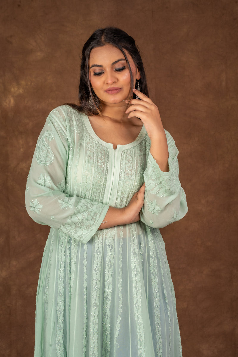 Riwaayat Pista Green Chikankari Anarkali Kurta Libaas e Lucknow