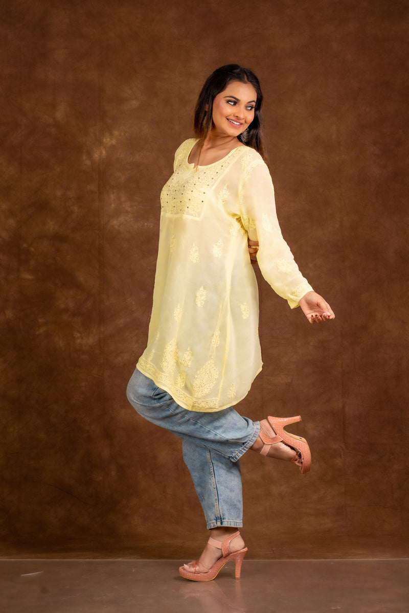 Alizeh Yellow Chikankari with Mukesh work Top Libaas e Lucknow