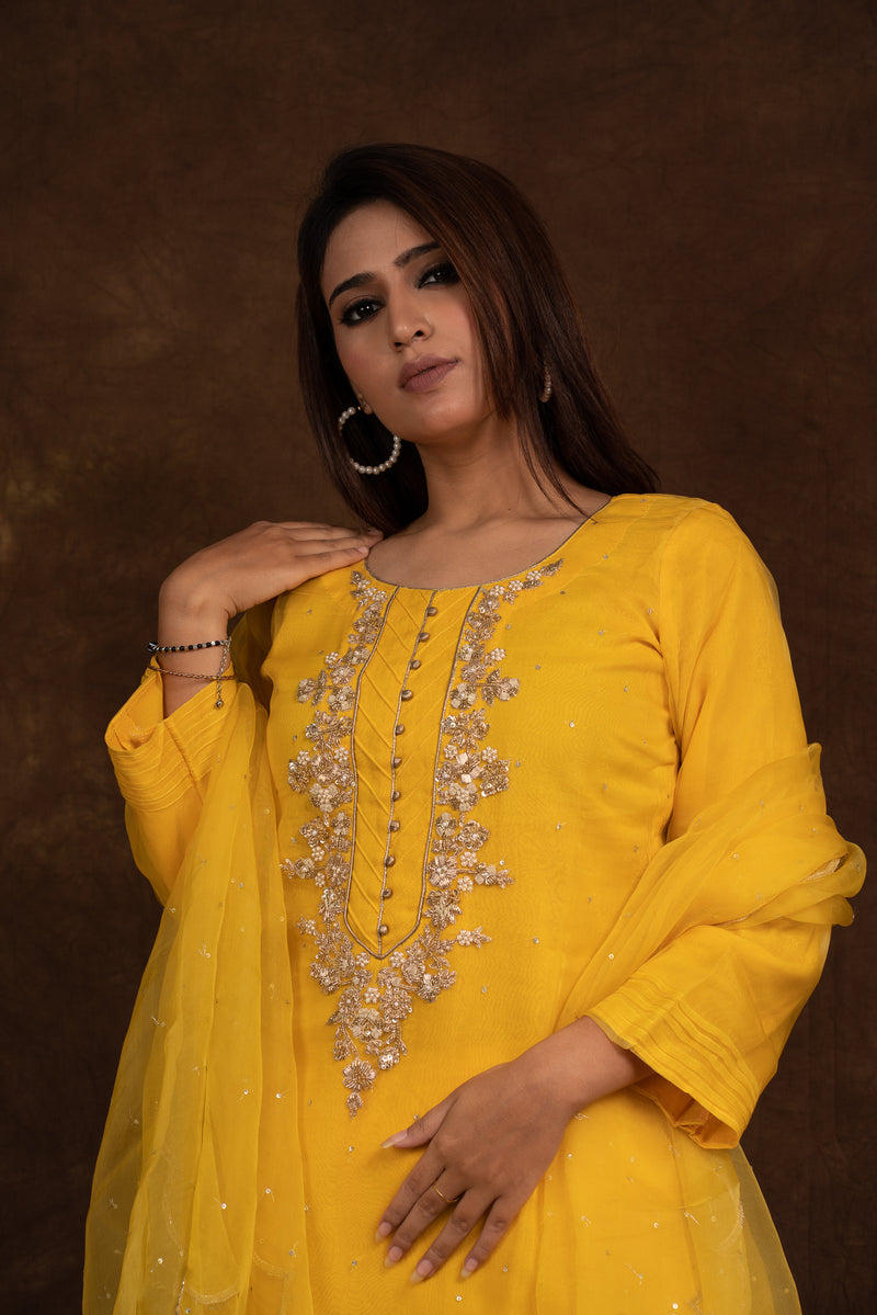 Indrani Yellow Embellished Suit Set Libaas e Lucknow