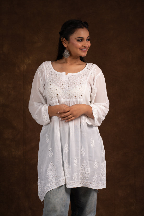 Alizeh White Chikankari with Mukesh work top Libaas e Lucknow