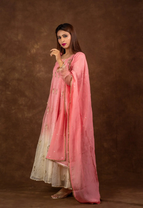 Ombre Soft Pink Hand Embroidered Anarkali Set Libaas e Lucknow