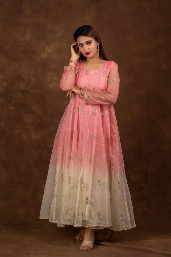 Ombre Soft Pink Hand Embroidered Anarkali Set Libaas e Lucknow